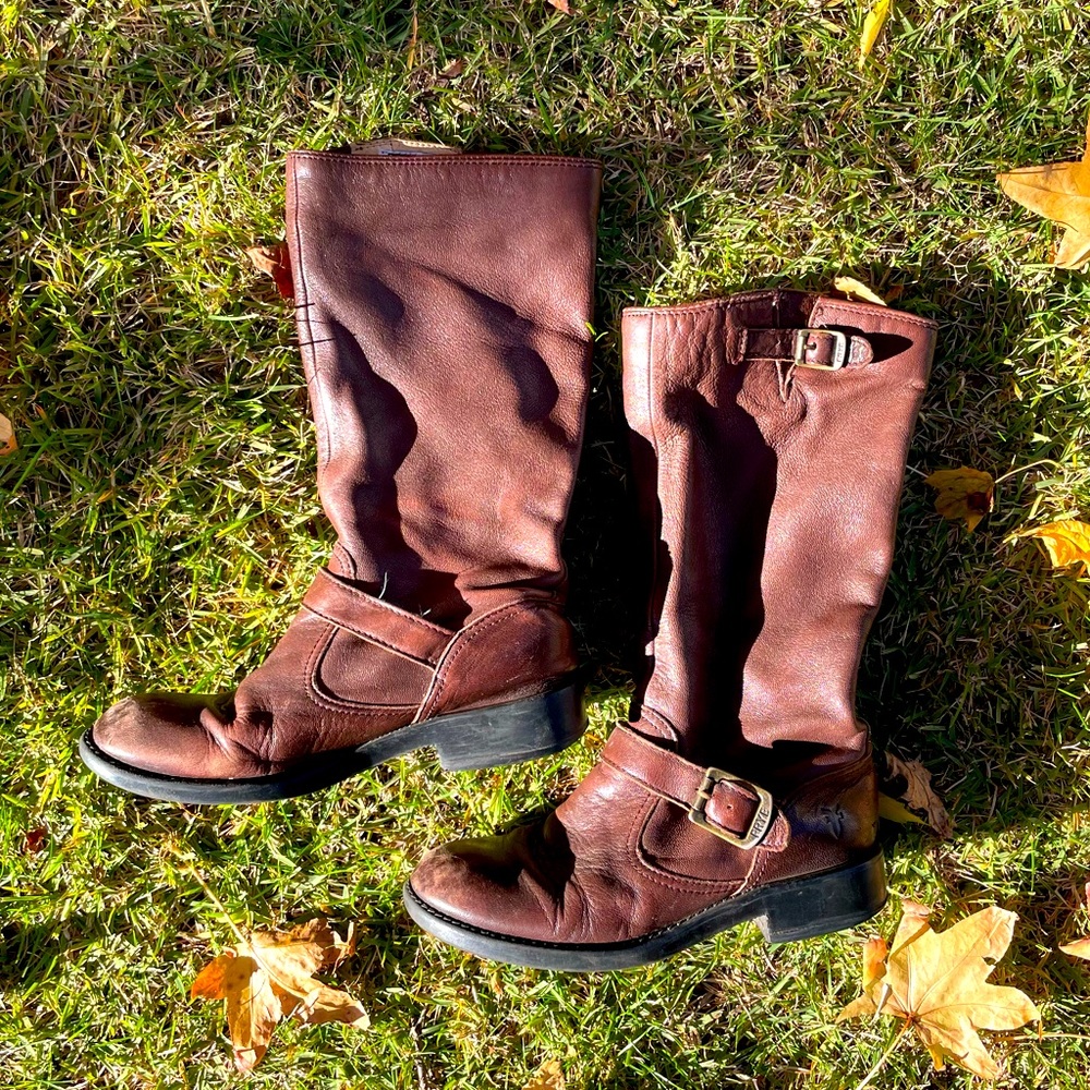 Youth Girls Frye Veronica Slouch Tall Moto Engineer Biker Brown  Boots Sz 3.5